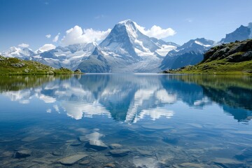 Majestic mountains capped with snow, reflecting in a crystal-clear alpine lake