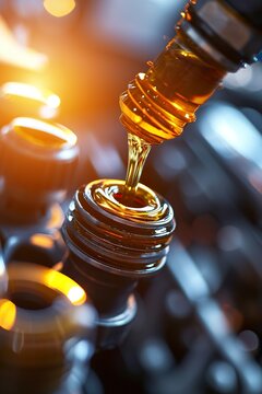 Pouring quality oil into the engine during a maintenance refill. Refilling vehicle transmission or gear with oil. Machine maintenance concept.