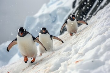 Playful penguins tobogganing down an icy slope in Antarctica - obrazy, fototapety, plakaty