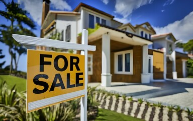 FOR SALE Sign in front of House building for real estate agent, Buy and Sell in Residential Home Property Business 