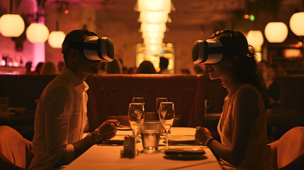 Photograph of couple having romantic dinner at a restaurant wearing a VR headset. - obrazy, fototapety, plakaty