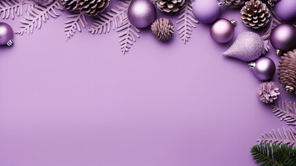 Captivating Christmas and New Year Festive Frame in Vibrant Purple Tones, Glittering Decorations, and Elegant Fir Branches on a Lilac Background - Perfect for Holiday Cards and Invitations
