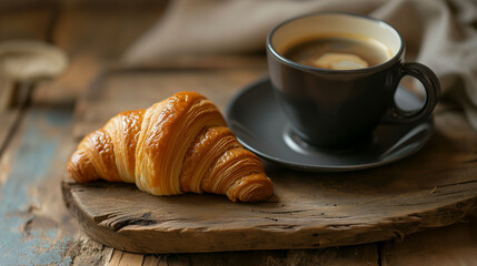 Morning Delight: Freshly Baked Croissant and Frothy Espresso on Rustic Table