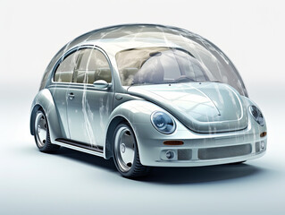New car under a glass dome on a white background. Auto protection and insurance concept