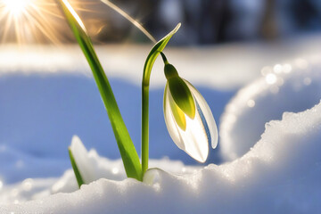 Snowdrop flowers in the snow. Primroses in the forest on a sunny day. Postcard for the March holidays.