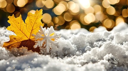 autumn leaves in snow