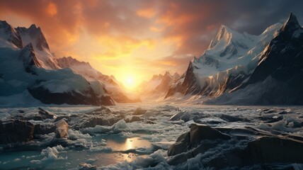 An expansive glacier field, framed by rugged mountains and touched by the golden hues of a fading sunset -Generative Ai