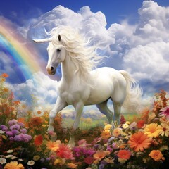 Obraz na płótnie Canvas Sky rainbow white horse garden standing images Generative AI