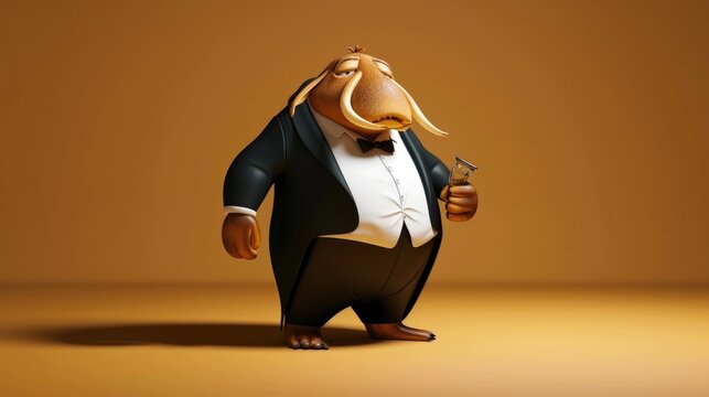 Cartoon digital avatar of a walrus opera singer with a black and white tuxedo, standing tall with a commanding presence and a deep, booming voice.