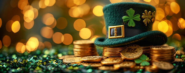 Vintage-style image featuring symbols of St. Patrick's Day, with a green hat, shamrocks, and gold coins on a textured green background , Leprechaun's Bounty: St. Patrick's Symbols