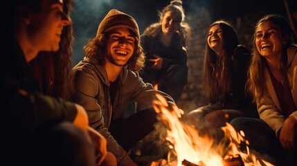 A group of young people sit around a campfire and celebrate