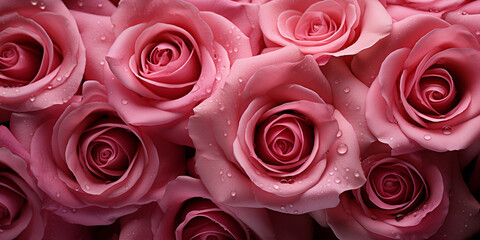 Background with pink roses with dew drops close-up, top view
