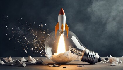 foguete partindo de um bulbo de luz, crescimento a partir de ideias, negócios - obrazy, fototapety, plakaty