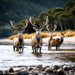 Some deer standing tidal river water images Generative AI