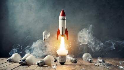 foguete partindo de uma base cheia de lâmpadas, crescimento a partir de ideias, negócios - obrazy, fototapety, plakaty