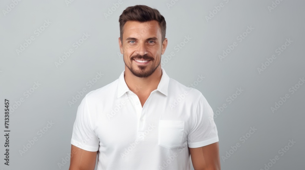 Wall mural attractive strong man in white mock-up T-Shirt, looking into camera