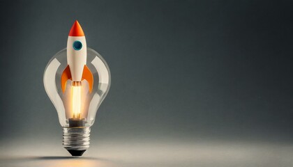 foguete voando partindo de dentro de uma lâmpada, conceito crescimento e ideias, negócios - obrazy, fototapety, plakaty