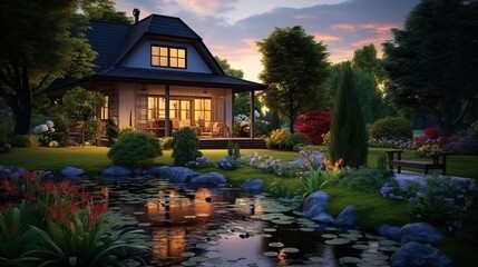 Obraz premium Lonely illuminated villa in nature by a pond at dusk