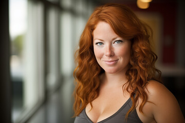 Chubby redhead woman standing indoors next to window