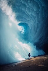 Encountering a colossal wave approaching the beach, front-facing shot, wide-angle perspective, shoreline visible with sand, evoking fear, moody atmosphere, a man standing in front of the massive wave