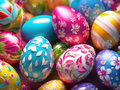 Hand painted easter eggs in bright colors.