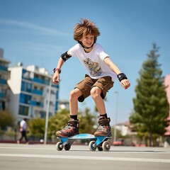 child jumping on a scooter