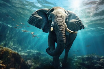 The elephant is swimming underwater.