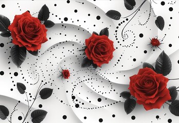 wallpaper with red roses on a white background, in the style of spirals and curves, dark white and dark black, realistic hyper-detail, glass and ceramics.