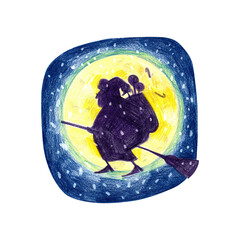 Graphic illustration of a befana flying on a broom against the backdrop of a full moon. Italian Christmas character befana.