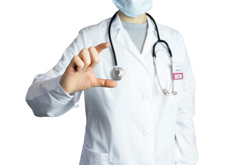 A woman doctor therapist holds an invisible flask or jar with her fingers. Medical worker, stethoscope, doctor in white coat, medical protective mask, white background, space for copy