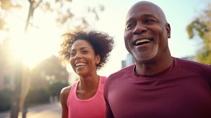 Happy african american couple of middle aged adults jogging through sunlit city streets. Copy space - Powered by Adobe