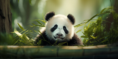 Obraz premium panda eating bamboo, Endangered Species Panda Eating Green Leaves in Park, A panda bear eating leaves in a forest, A happy panda bear eating bamboo, A panda in a tree with a black and white face