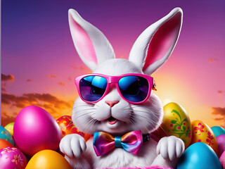 Easter bunny rabbit with sunglasses in bright friendly colors. 
