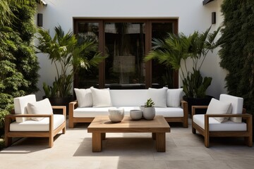  Minimalist outdoor patio with comfortable seating and natural greenery - obrazy, fototapety, plakaty