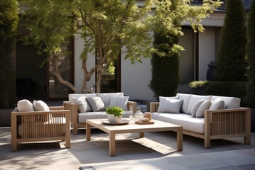  Minimalist outdoor patio with comfortable seating and natural greenery