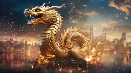 Large golden dragon made of golden coins bring prosperity for dragon year - obrazy, fototapety, plakaty