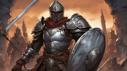 cartoon knight in armor  anime     A sword and shield warrior that wears a metal armor and a helmet  - obrazy, fototapety, plakaty