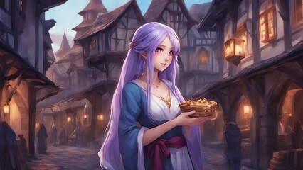 portrait of a woman in a night city anime       A cute anime girl with long purple hair and violet eyes, wearing a blue and white dress 