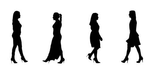 side view of the silhouette of women walking on white background