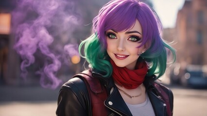 Fototapeta premium portrait of a woman anime A sweet anime girl in colorful smoke, laughing and looking at the camera. 