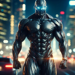 Evil Strong Muscular Athlete Looking Chrome Plated Futuristic Robot Humanoid with Blue Neon LED Eyes Walking in the City, Bokeh Effects from Car Rear Brake & Building Lights. Artificial intelligence.