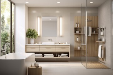 Serene bathroom with minimalist fixtures, neutral colors, and ample natural light