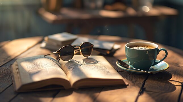 An illustration of a pair of sunglasses sitting on two books next to a cup of coffee on a summers day