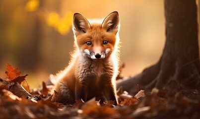 Naklejka na ściany i meble A Curious Fox Amidst the Autumn Leaves