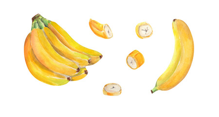 Watercolor banana illustration. Bananas pieces. Packaging design, decor, kitchen design, packaging.
