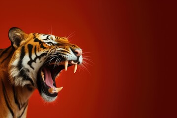 Roaring big tiger on bright red background. Angry big cat, aggressive jaguar attacking. Backdrop with animal for poster, print, card, banner
