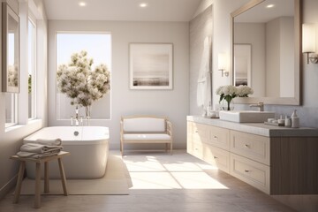 Fototapeta na wymiar Serene bathroom with minimalist fixtures, neutral colors, and ample natural light