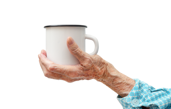 A woman holds a mug in her hand.Rheumatoid polyarthritis of the hand of a 95-year-old woman, isolated on a white background. 