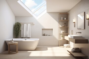 Fototapeta na wymiar Serene bathroom with minimalist fixtures, neutral colors, and ample natural light