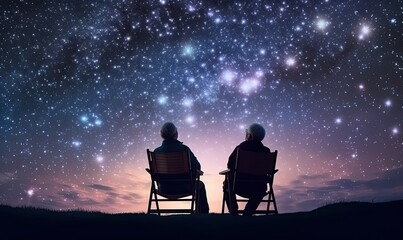 Two People Sitting in Chairs, Gazing at the Majestic Night Sky